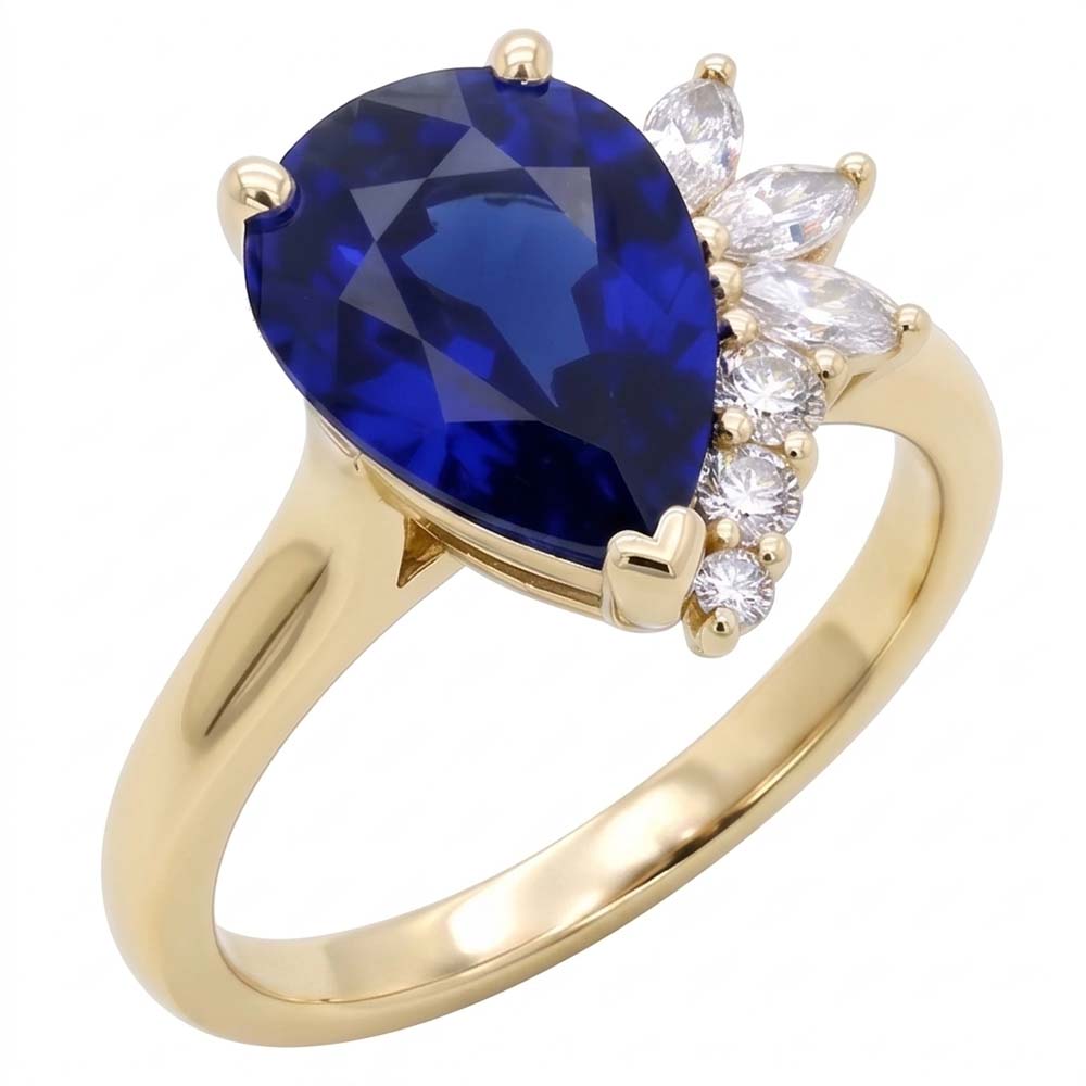 Natural Real ( Not Lab Grown )  Blue Sapphire Gemstone Ring With Round & Marquise Accents 2.50 Carats