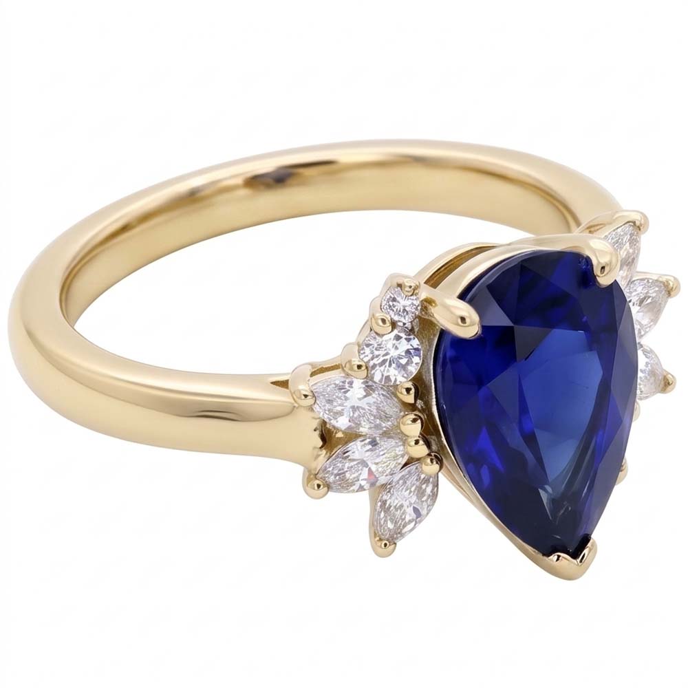 Natural Real ( Not Lab Grown )  Blue Sapphire Gemstone Ring With Round & Marquise Accents 2.50 Carats
