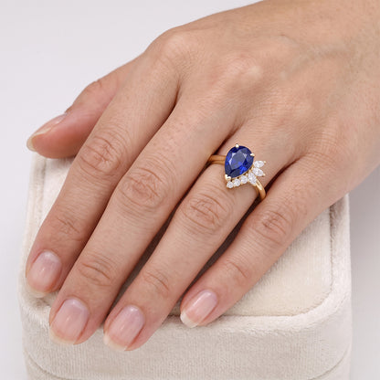 Natural Real ( Not Lab Grown )  Blue Sapphire Gemstone Ring With Round & Marquise Accents 2.50 Carats