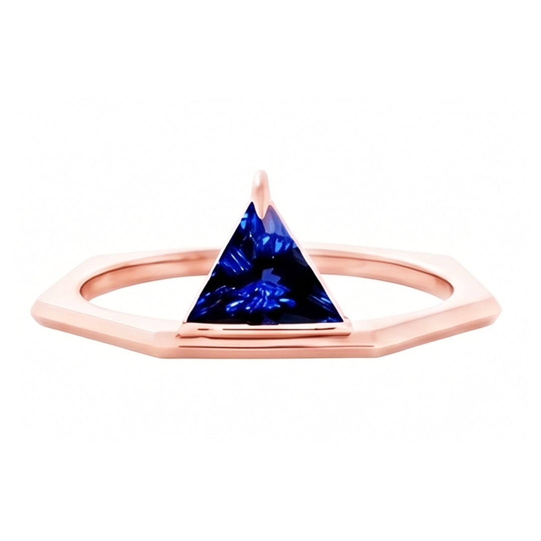 Natural Real ( Not Lab Grown )  Blue Sapphire Gemstone Trillion Ring 14K Rose Gold 1 Carat Jewelry