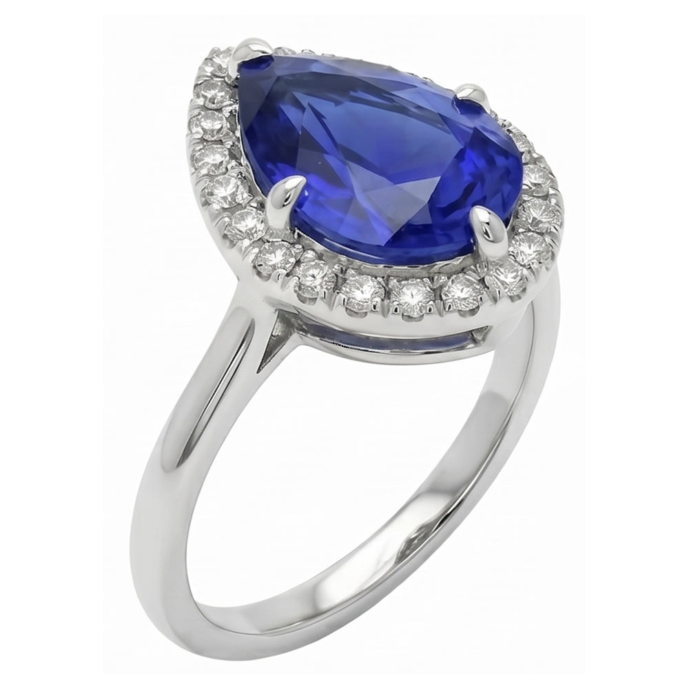 Natural Real ( Not Lab Grown )  Blue Sapphire Halo Pear Engagement Ring 3 Carats 14K White Gold