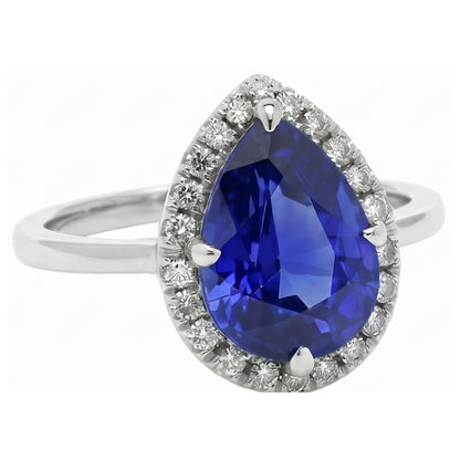 Natural Real ( Not Lab Grown )  Blue Sapphire Halo Pear Engagement Ring 3 Carats 14K White Gold