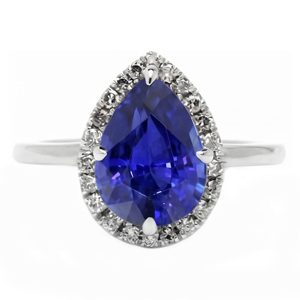 Natural Real ( Not Lab Grown )  Blue Sapphire Halo Pear Engagement Ring 3 Carats 14K White Gold