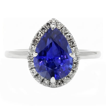 Natural Real ( Not Lab Grown )  Blue Sapphire Halo Pear Engagement Ring 3 Carats 14K White Gold