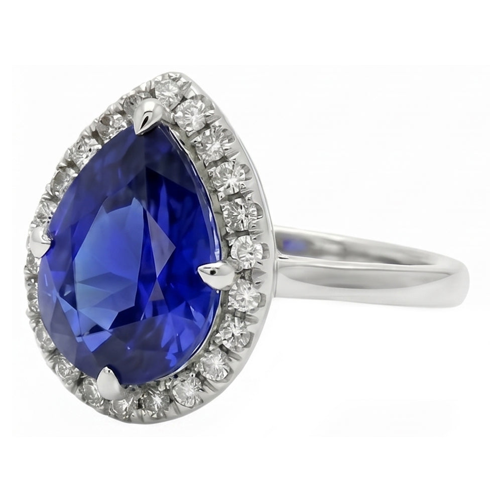 Natural Real ( Not Lab Grown )  Blue Sapphire Halo Pear Engagement Ring 3 Carats 14K White Gold