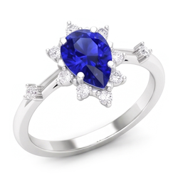 Natural Real ( Not Lab Grown )  Blue Sapphire Pear Cut Ring 1.50 Ct Halo Star Style Diamonds