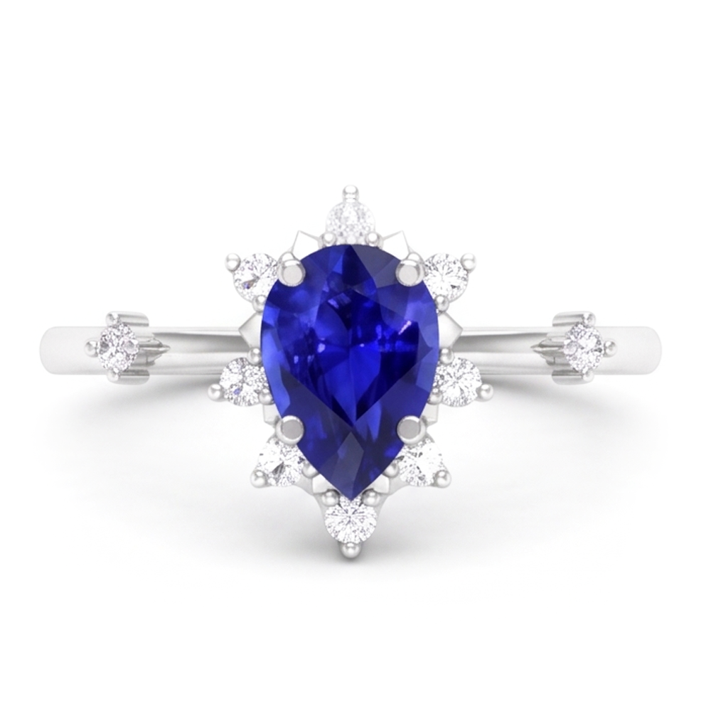 Natural Real ( Not Lab Grown )  Blue Sapphire Pear Cut Ring 1.50 Ct Halo Star Style Diamonds