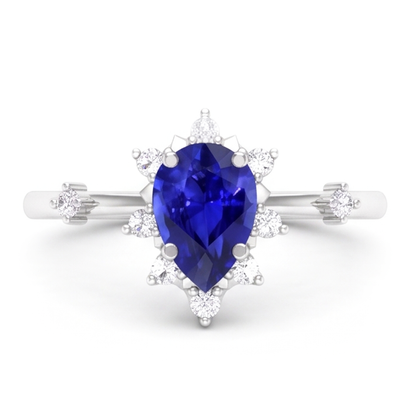 Natural Real ( Not Lab Grown )  Blue Sapphire Pear Cut Ring 1.50 Ct Halo Star Style Diamonds