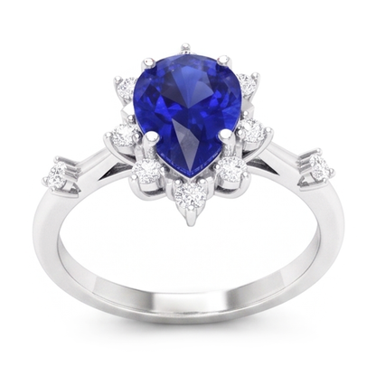 Natural Real ( Not Lab Grown )  Blue Sapphire Pear Cut Ring 1.50 Ct Halo Star Style Diamonds
