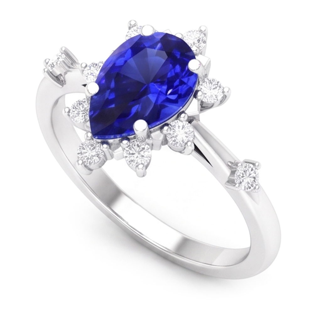 Natural Real ( Not Lab Grown )  Blue Sapphire Pear Cut Ring 1.50 Ct Halo Star Style Diamonds