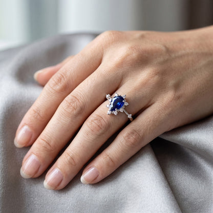 Natural Real ( Not Lab Grown )  Blue Sapphire Pear Cut Ring 1.50 Ct Halo Star Style Diamonds