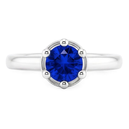 Natural Real ( Not Lab Grown )  Blue Sapphire Round Ring Prong Style 1.25 Carats White Gold 14K