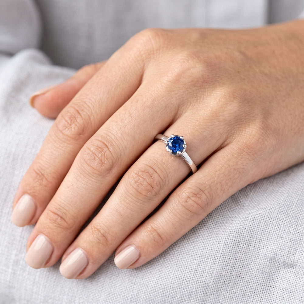 Natural Real ( Not Lab Grown )  Blue Sapphire Round Ring Prong Style 1.25 Carats White Gold 14K