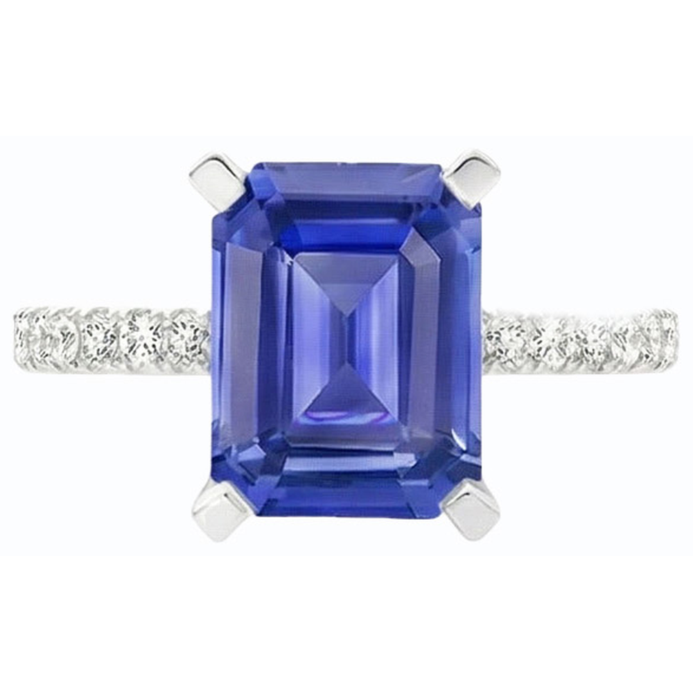 Natural Real ( Not Lab Grown )  Blue Sapphire Solitaire Emerald Ring With Accents 3 Carats Gold