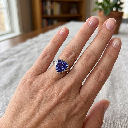Natural Real ( Not Lab Grown )  Blue Sapphire Solitaire Trillion Shaped Ring Bezel Set 2 Carats