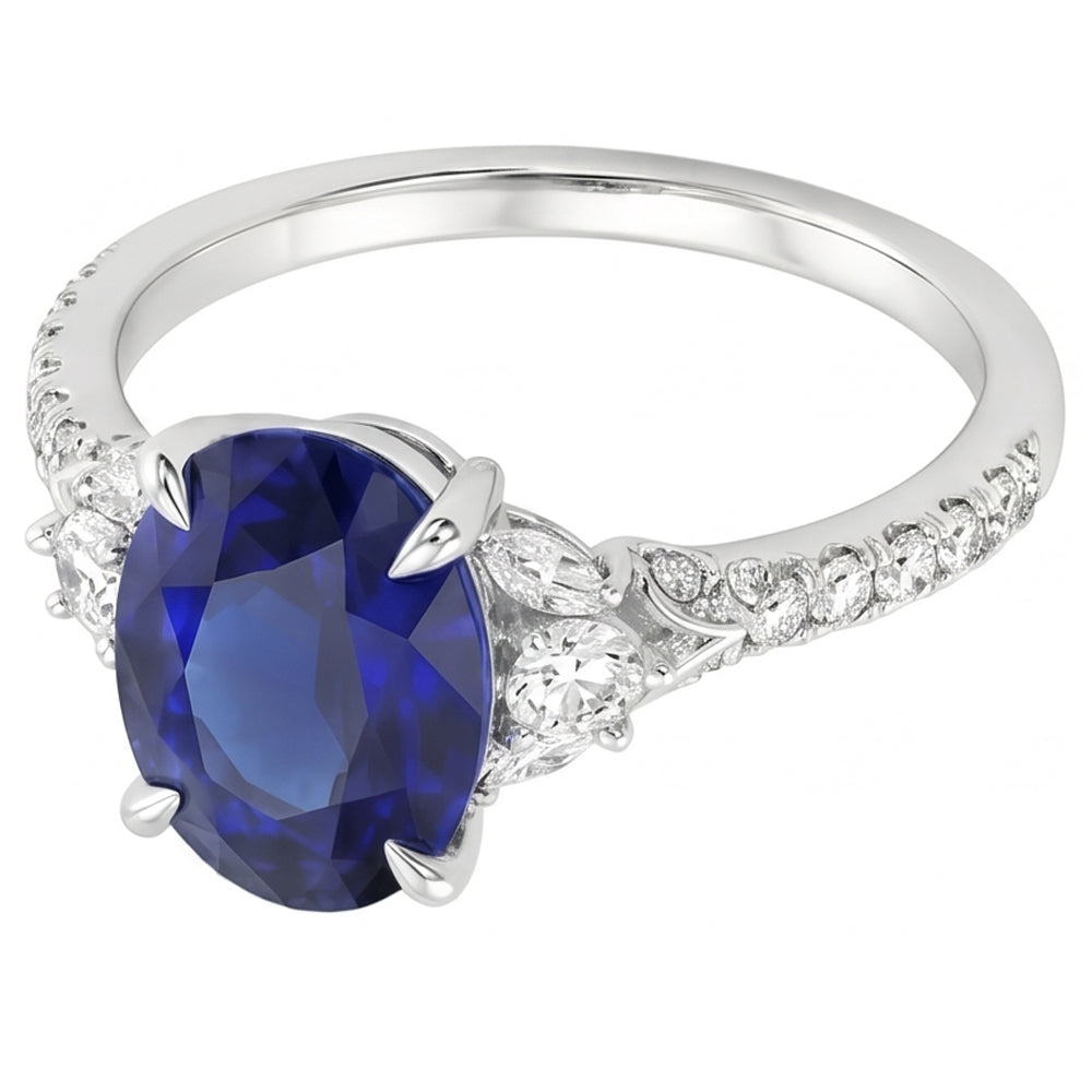 Natural Real ( Not Lab Grown )  Blue Sapphire Solitaire With Accents Ring 5 Carats White Gold Jewelry