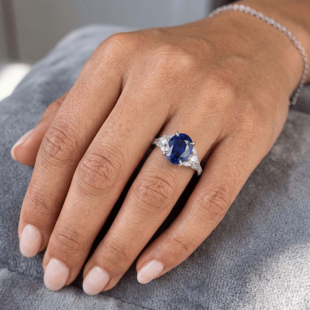 Natural Real ( Not Lab Grown )  Blue Sapphire Solitaire With Accents Ring 5 Carats White Gold Jewelry