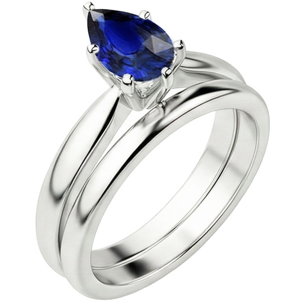 Natural Real ( Not Lab Grown )  Blue Sapphire Wedding Ring Set Solitaire Pear Cut Sri Lankan 2 Carats