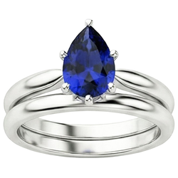 Natural Real ( Not Lab Grown )  Blue Sapphire Wedding Ring Set Solitaire Pear Cut Sri Lankan 2 Carats