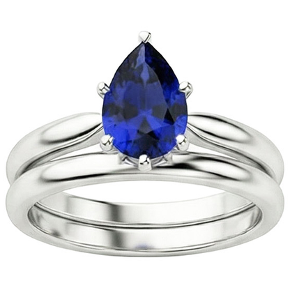 Natural Real ( Not Lab Grown )  Blue Sapphire Wedding Ring Set Solitaire Pear Cut Sri Lankan 2 Carats