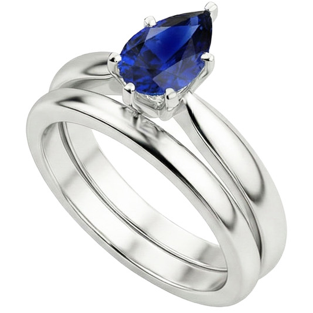 Natural Real ( Not Lab Grown )  Blue Sapphire Wedding Ring Set Solitaire Pear Cut Sri Lankan 2 Carats