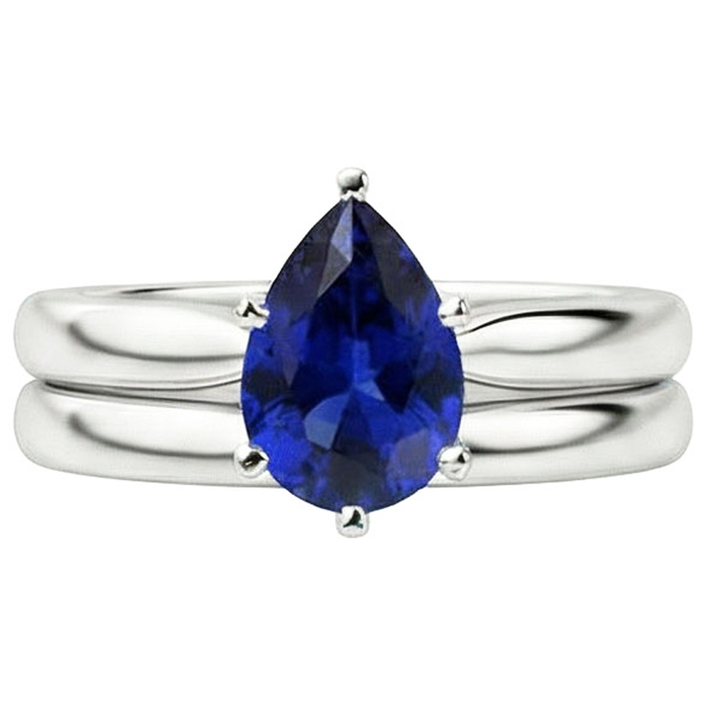 Natural Real ( Not Lab Grown )  Blue Sapphire Wedding Ring Set Solitaire Pear Cut Sri Lankan 2 Carats