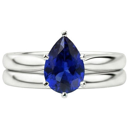 Natural Real ( Not Lab Grown )  Blue Sapphire Wedding Ring Set Solitaire Pear Cut Sri Lankan 2 Carats