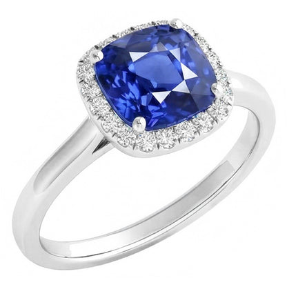 Natural Real ( Not Lab Grown )  Cushion Cut Ceylon Sapphire Halo Ring