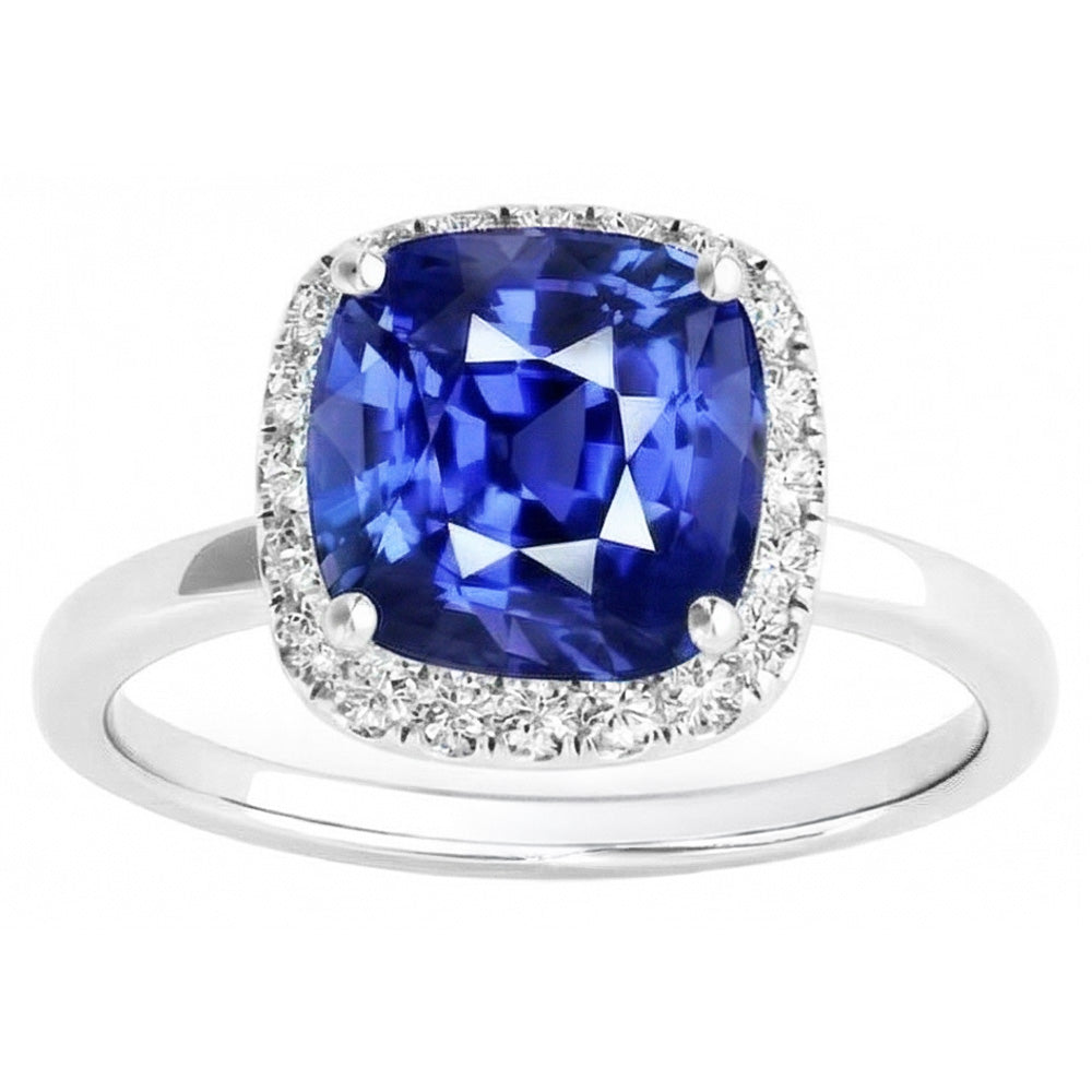 Natural Real ( Not Lab Grown )  Cushion Cut Ceylon Sapphire Halo Ring