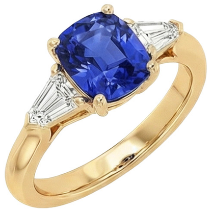 Natural Real ( Not Lab Grown )  Cushion Deep Blue Ceylon Sapphire & Tapered Baguette Ring 9.50 Carats