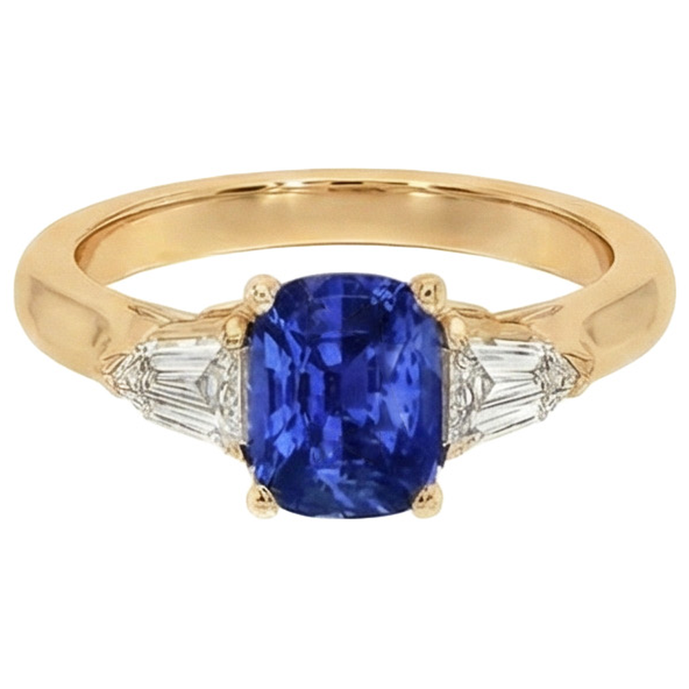 Natural Real ( Not Lab Grown )  Cushion Deep Blue Ceylon Sapphire & Tapered Baguette Ring 9.50 Carats