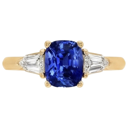 Natural Real ( Not Lab Grown )  Cushion Deep Blue Ceylon Sapphire & Tapered Baguette Ring 9.50 Carats