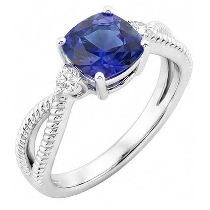 Natural Real ( Not Lab Grown )  Cushion Sapphire 3 Stone Ring Split Shank 2.25 Carats Rope Style