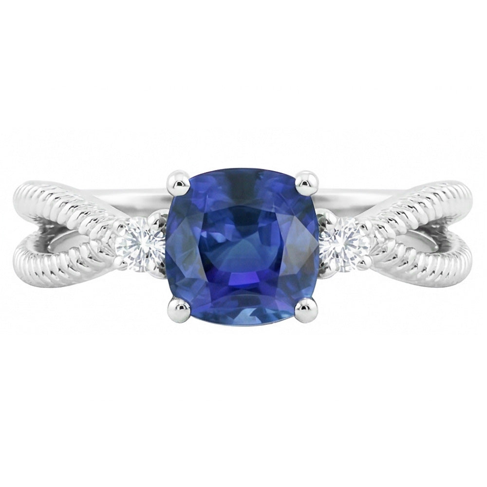 Natural Real ( Not Lab Grown )  Cushion Sapphire 3 Stone Ring Split Shank 2.25 Carats Rope Style