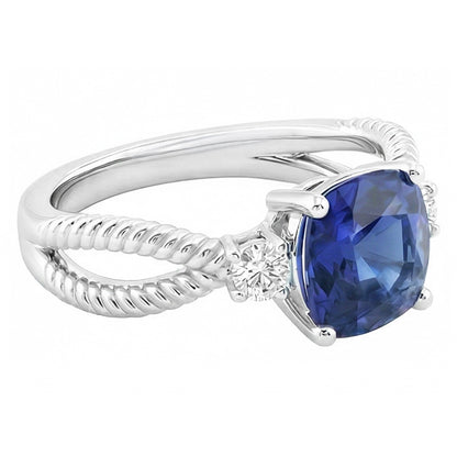 Natural Real ( Not Lab Grown )  Cushion Sapphire 3 Stone Ring Split Shank 2.25 Carats Rope Style