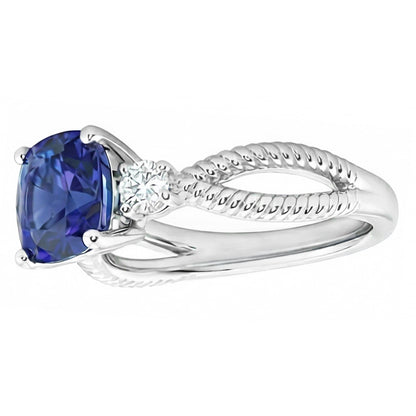 Natural Real ( Not Lab Grown )  Cushion Sapphire 3 Stone Ring Split Shank 2.25 Carats Rope Style
