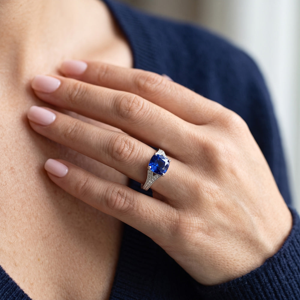 Natural Real ( Not Lab Grown )  Cushion Sapphire Gemstone Ring 3.50 Carats Split Shank Women’s Jewelry