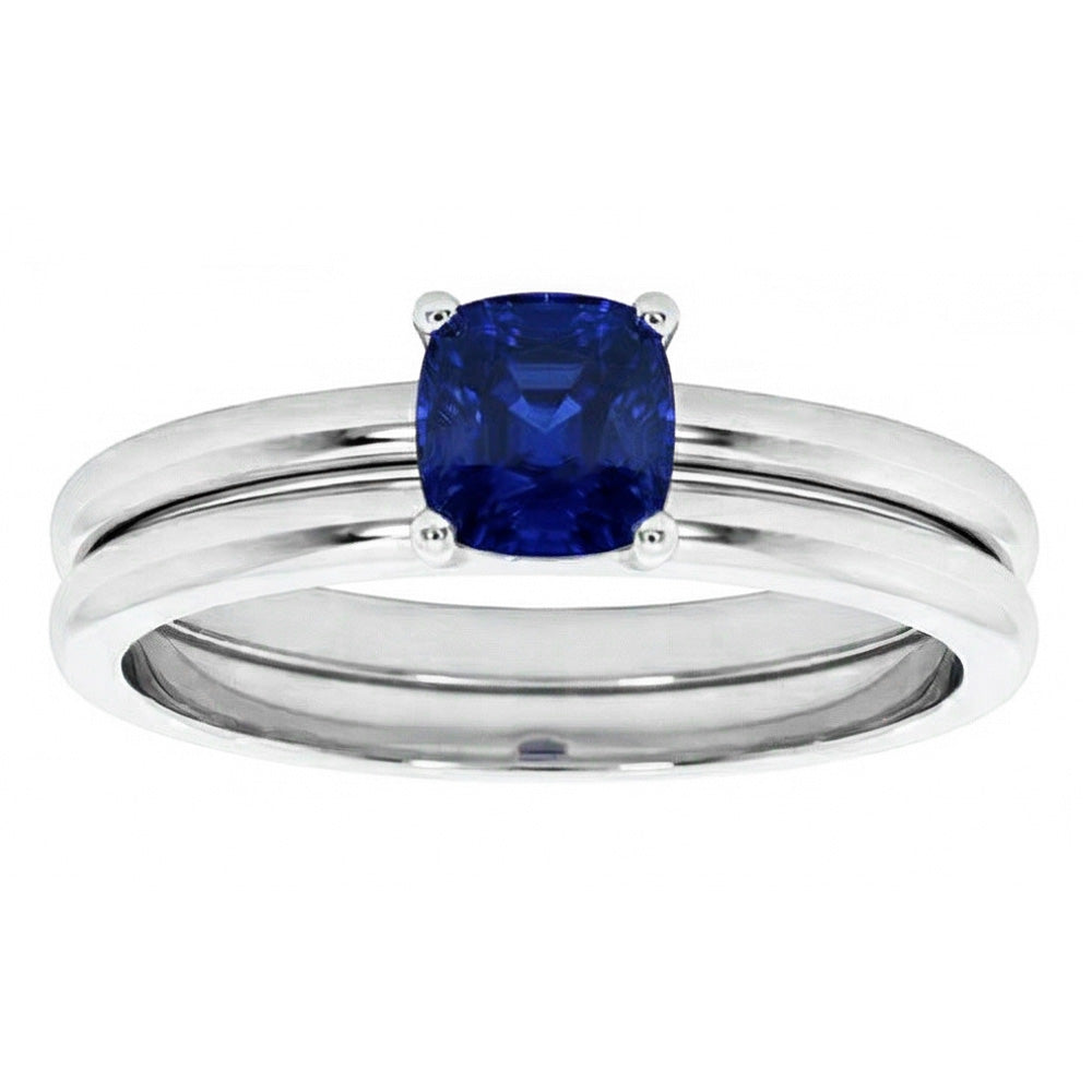 Natural Real ( Not Lab Grown )  Cushion Solitaire Blue Sapphire Engagement Ring Set 1 Carat