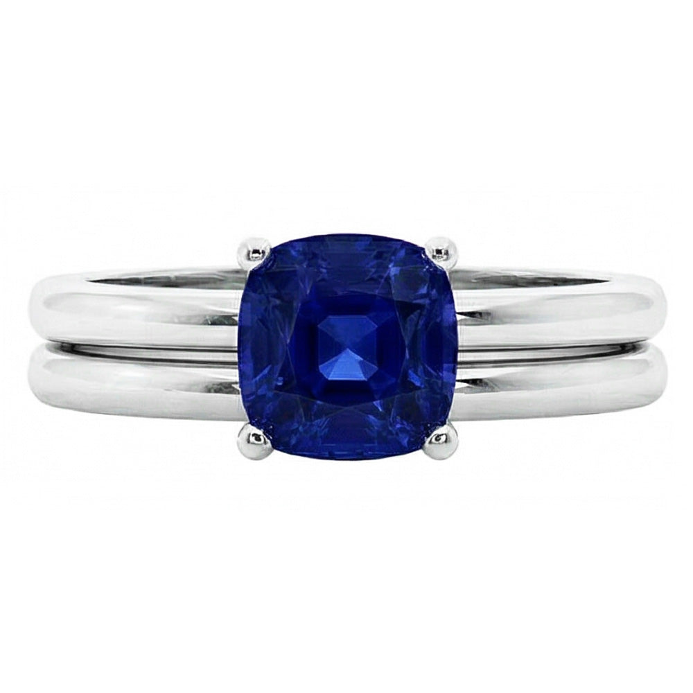 Natural Real ( Not Lab Grown )  Cushion Solitaire Blue Sapphire Engagement Ring Set 1 Carat