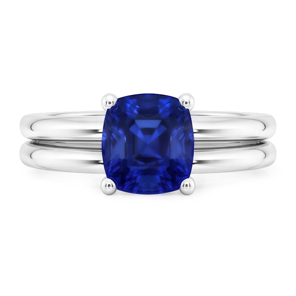Natural Real ( Not Lab Grown )  Cushion Solitaire Blue Sapphire Engagement Ring Set 1 Carat