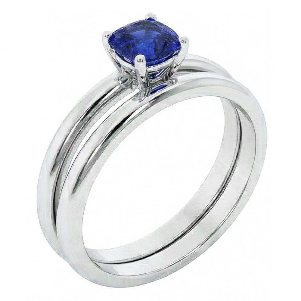 Natural Real ( Not Lab Grown )  Cushion Solitaire Blue Sapphire Engagement Ring Set 1 Carat