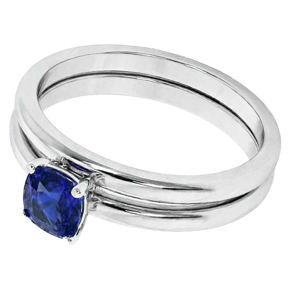 Natural Real ( Not Lab Grown )  Cushion Solitaire Blue Sapphire Engagement Ring Set 1 Carat