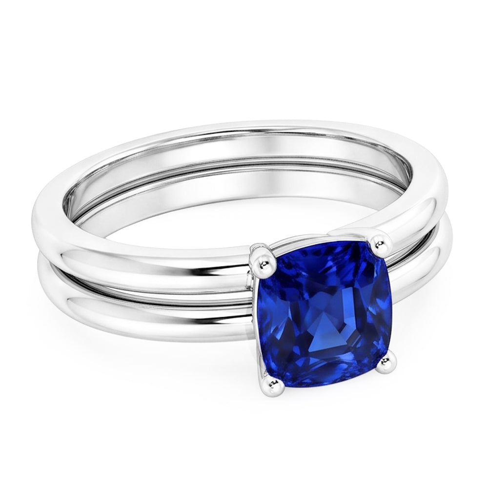 Natural Real ( Not Lab Grown )  Cushion Solitaire Blue Sapphire Engagement Ring Set 1 Carat