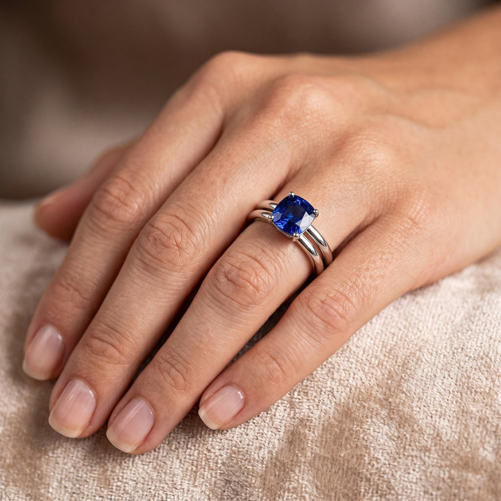 Natural Real ( Not Lab Grown )  Cushion Solitaire Blue Sapphire Engagement Ring Set 1 Carat
