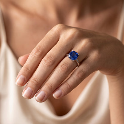 Natural Real ( Not Lab Grown )  Cushion Solitaire Sapphire Ring 2.50 Carats White Gold Jewelry
