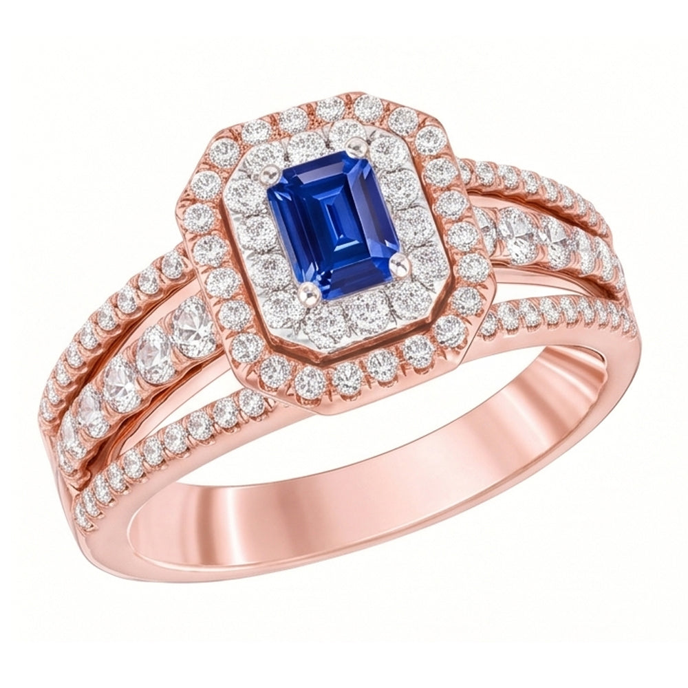 Natural Real ( Not Lab Grown )  Double Halo Blue Sapphire Gemstone Wedding Ring 3 Carats Rose Gold 14K