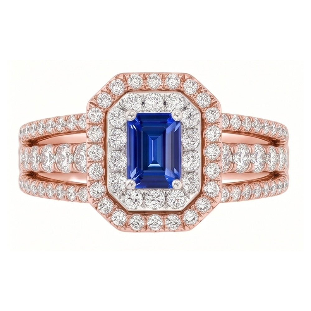 Natural Real ( Not Lab Grown )  Double Halo Blue Sapphire Gemstone Wedding Ring 3 Carats Rose Gold 14K