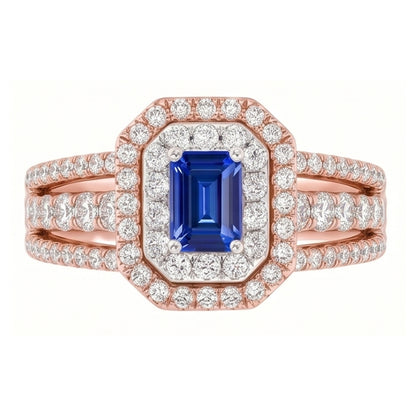 Natural Real ( Not Lab Grown )  Double Halo Blue Sapphire Gemstone Wedding Ring 3 Carats Rose Gold 14K