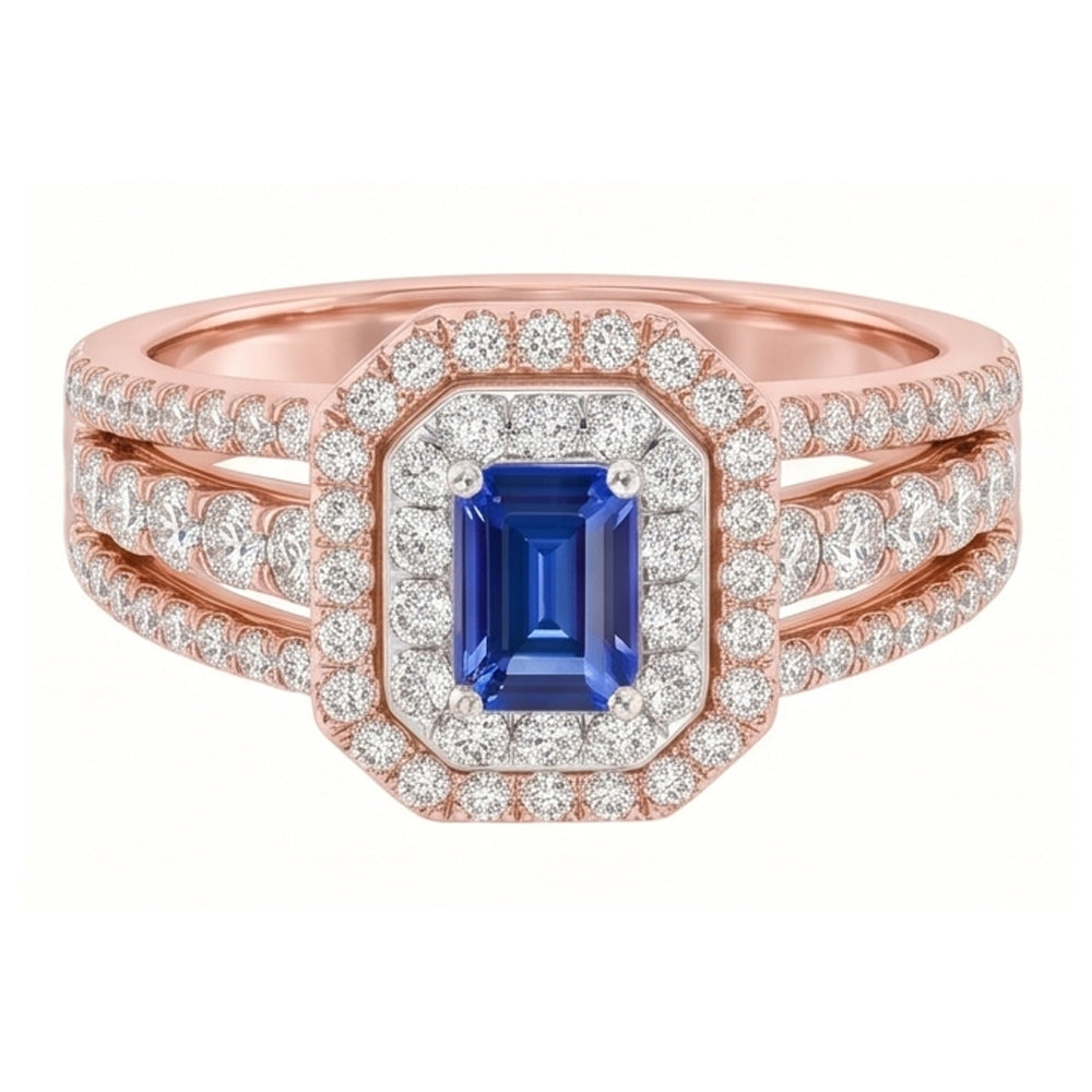 Natural Real ( Not Lab Grown )  Double Halo Blue Sapphire Gemstone Wedding Ring 3 Carats Rose Gold 14K