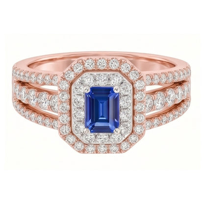 Natural Real ( Not Lab Grown )  Double Halo Blue Sapphire Gemstone Wedding Ring 3 Carats Rose Gold 14K